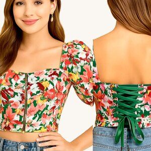 Floral Steel Boned Corset Bustier Crop Top Puff Sleeve Lace Up NWT